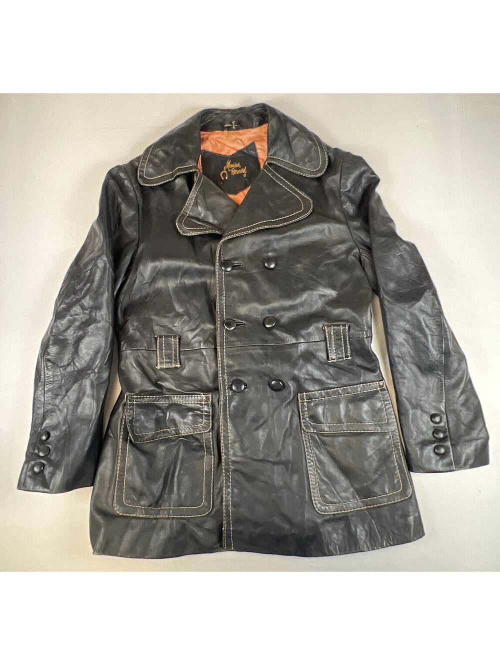 Vintage 70s Monsieur Bernard Black Leather Double Breasted Car Coat Jacket Small